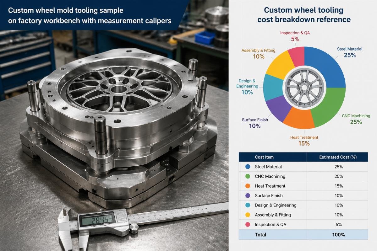 Custom wheel mold tooling sample on factory workbench with measurement calipers