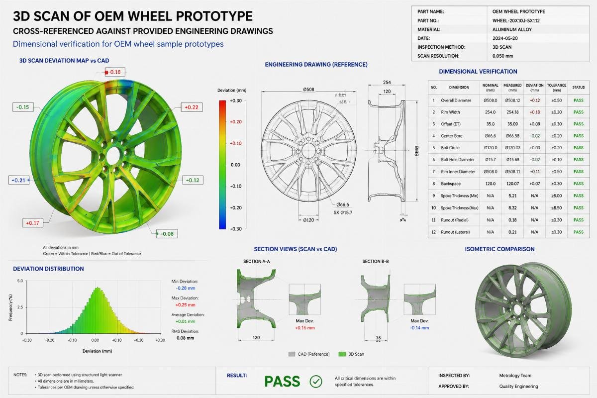 3D scan of an OEM wheel prototype cross-referenced against provided engineering drawings