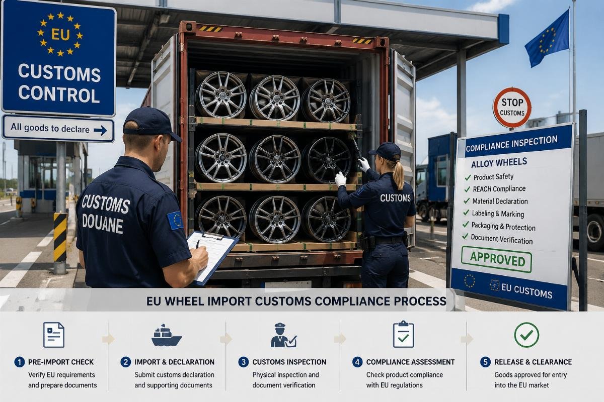 EU customs checkpoint holding a shipping container of alloy wheels for compliance inspection