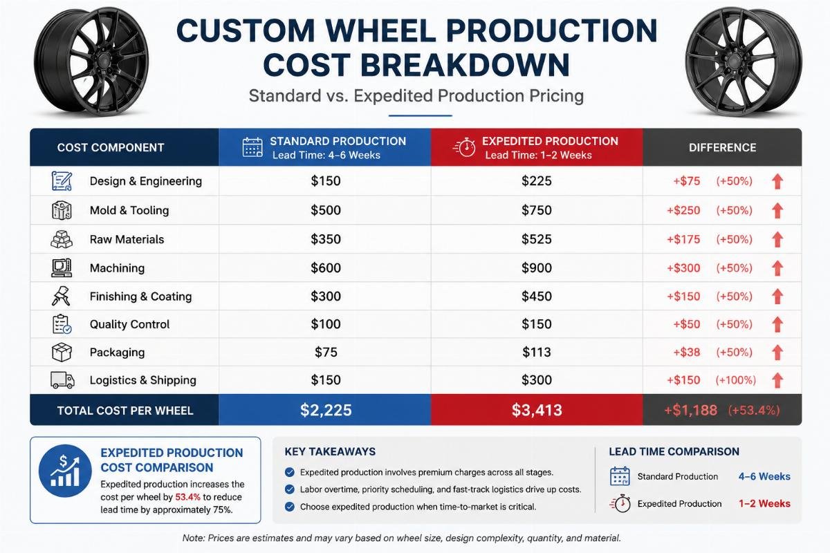 expedited production cost comparison A cost breakdown chart comparing standard vs expedited custom wheel production pricing