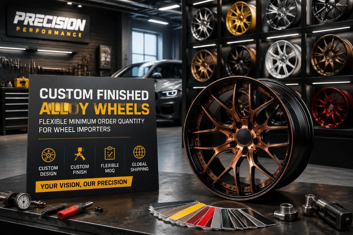 flexible minimum order quantity for wheel importers Custom finished alloy wheels in a tuning shop workshop