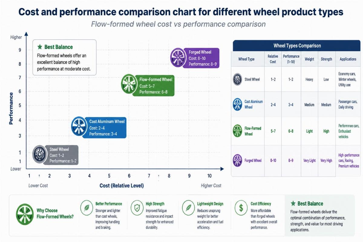 Flow-formed wheel cost vs performance comparison Cost and performance comparison chart for different wheel product types
