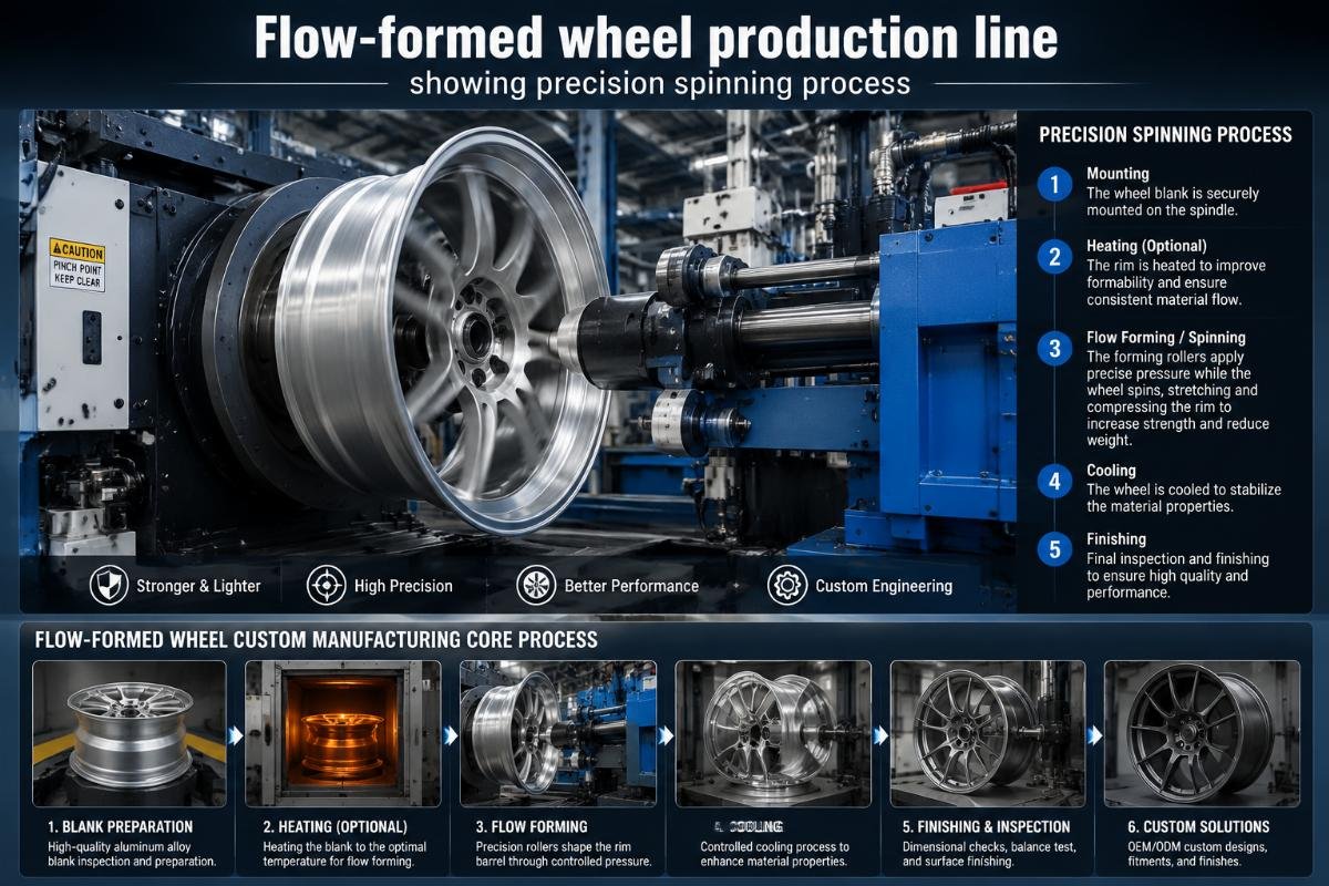 Flow-formed wheel production line showing precision spinning process