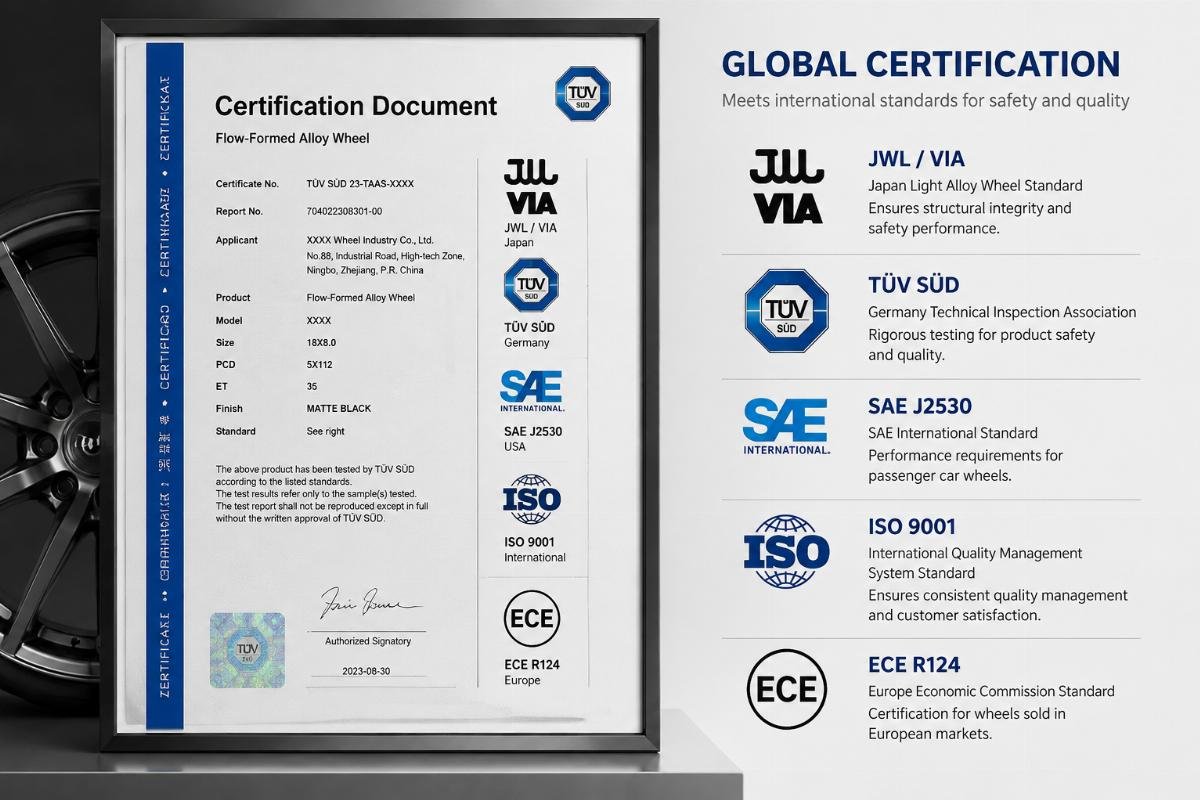 Flow-formed wheel global certification standard marks Certification document sample showing multiple global standard marks