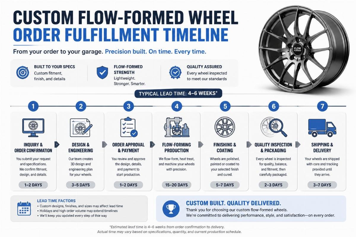 Flow-formed wheel order and delivery timeline breakdown Custom flow-formed wheel order fulfillment timeline infographic