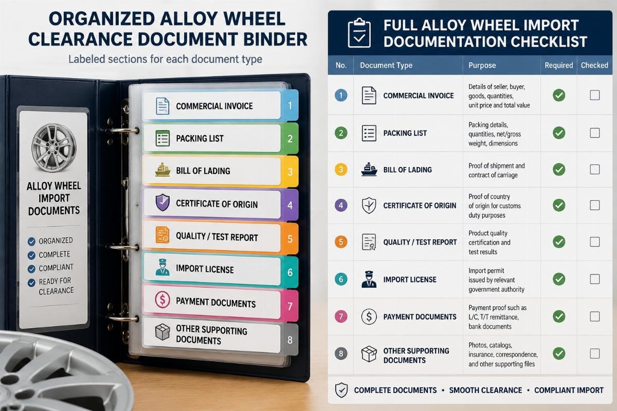 Full alloy wheel import documentation checklist Organized alloy wheel clearance document binder with labeled sections for each document type