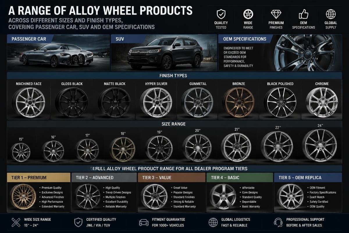 A range of alloy wheel products across different sizes and finish types, covering passenger car, SUV and OEM specifications