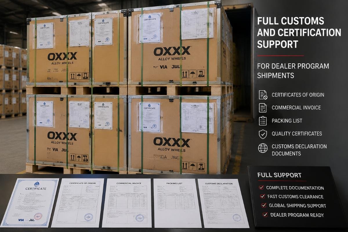 A stack of shipping-ready alloy wheel crates with attached certification and customs documentation