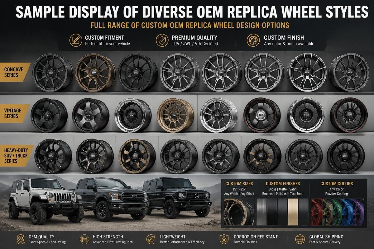 full range of custom OEM replica wheel design options Sample display of diverse OEM replica wheel styles including concave, vintage and heavy-duty SUV variants