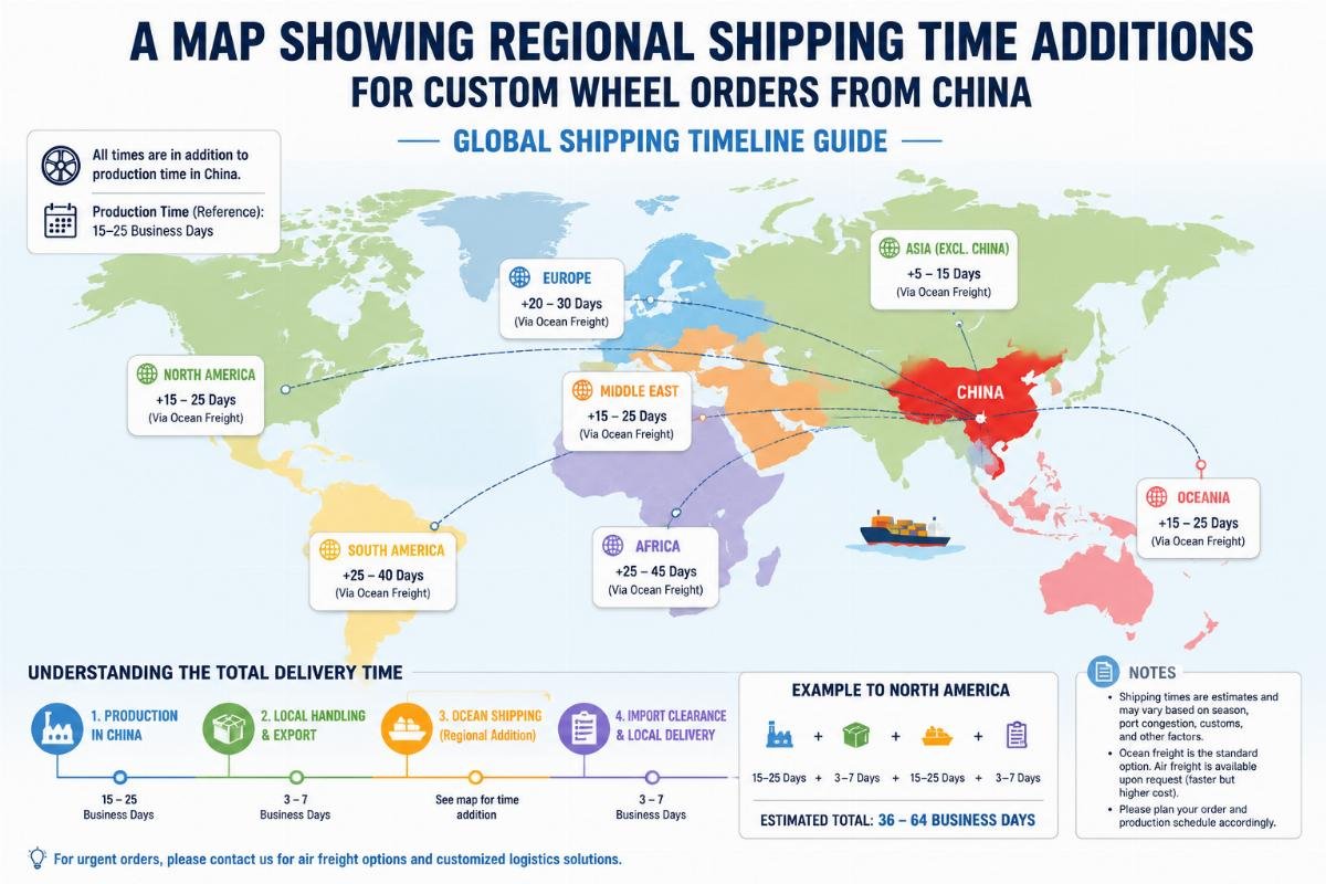 global shipping timeline guide A map showing regional shipping time additions for custom wheel orders from China