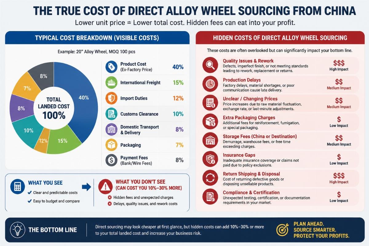 Hidden costs of direct alloy wheel sourcing from China Infographic showing typical cost breakdown of direct alloy wheel sourcing including hidden fees