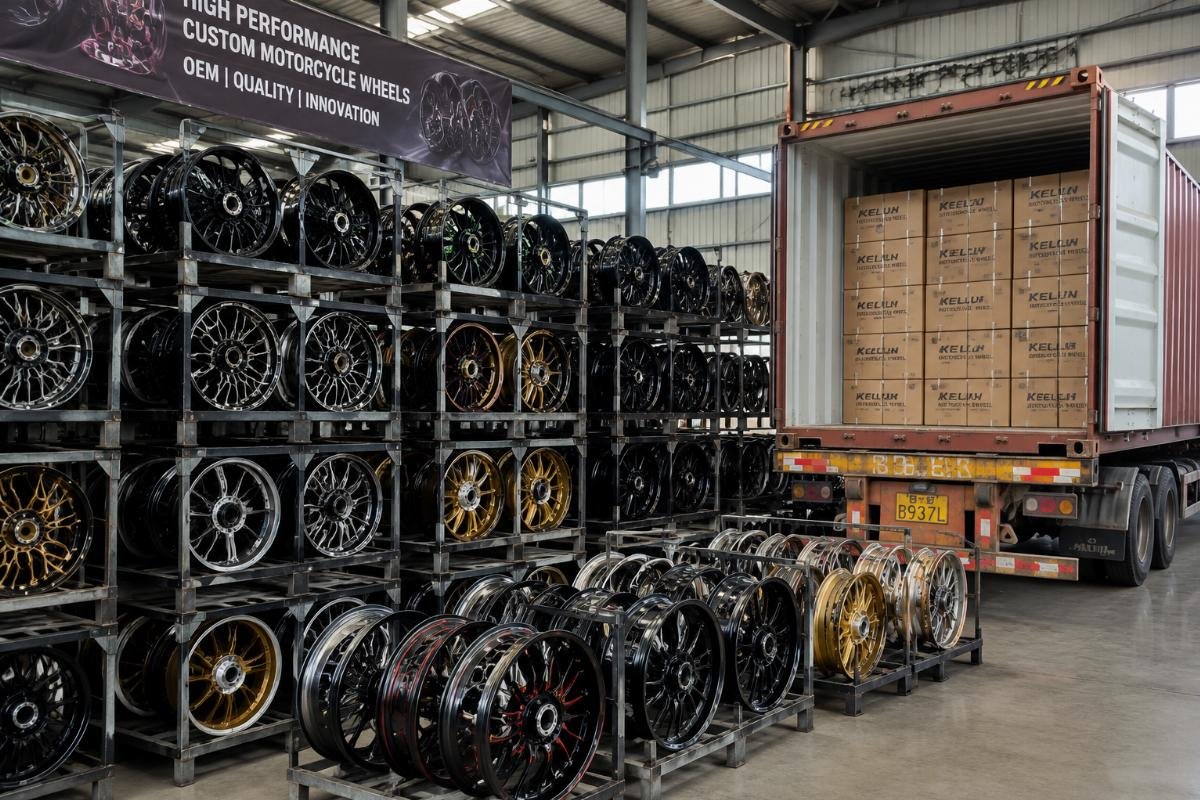 High volume custom OEM motorcycle wheels for bulk supply A warehouse of stacked custom motorcycle alloy wheels ready for container loading
