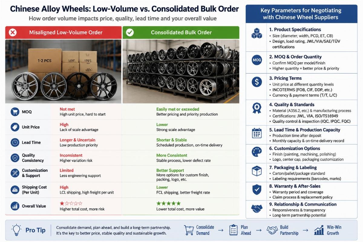 Side-by-side comparison of a misaligned low-volume order and a consolidated bulk order for Chinese alloy wheels