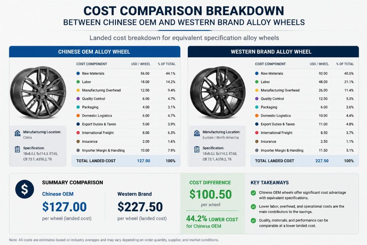 Landed cost breakdown for equivalent specification alloy wheels Cost comparison breakdown between Chinese OEM and western brand alloy wheels
