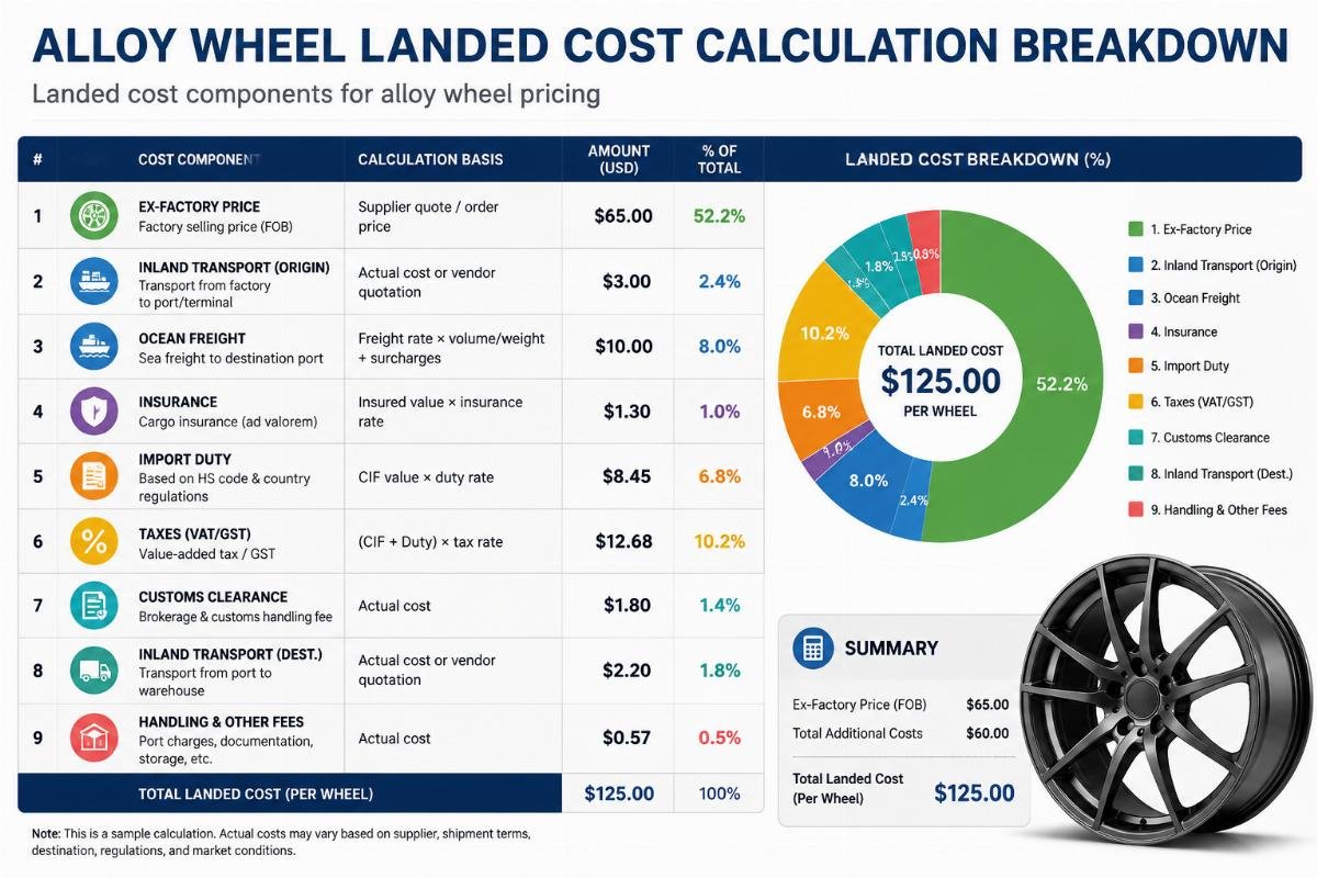 Landed cost components for alloy wheel pricing Alloy wheel landed cost calculation breakdown