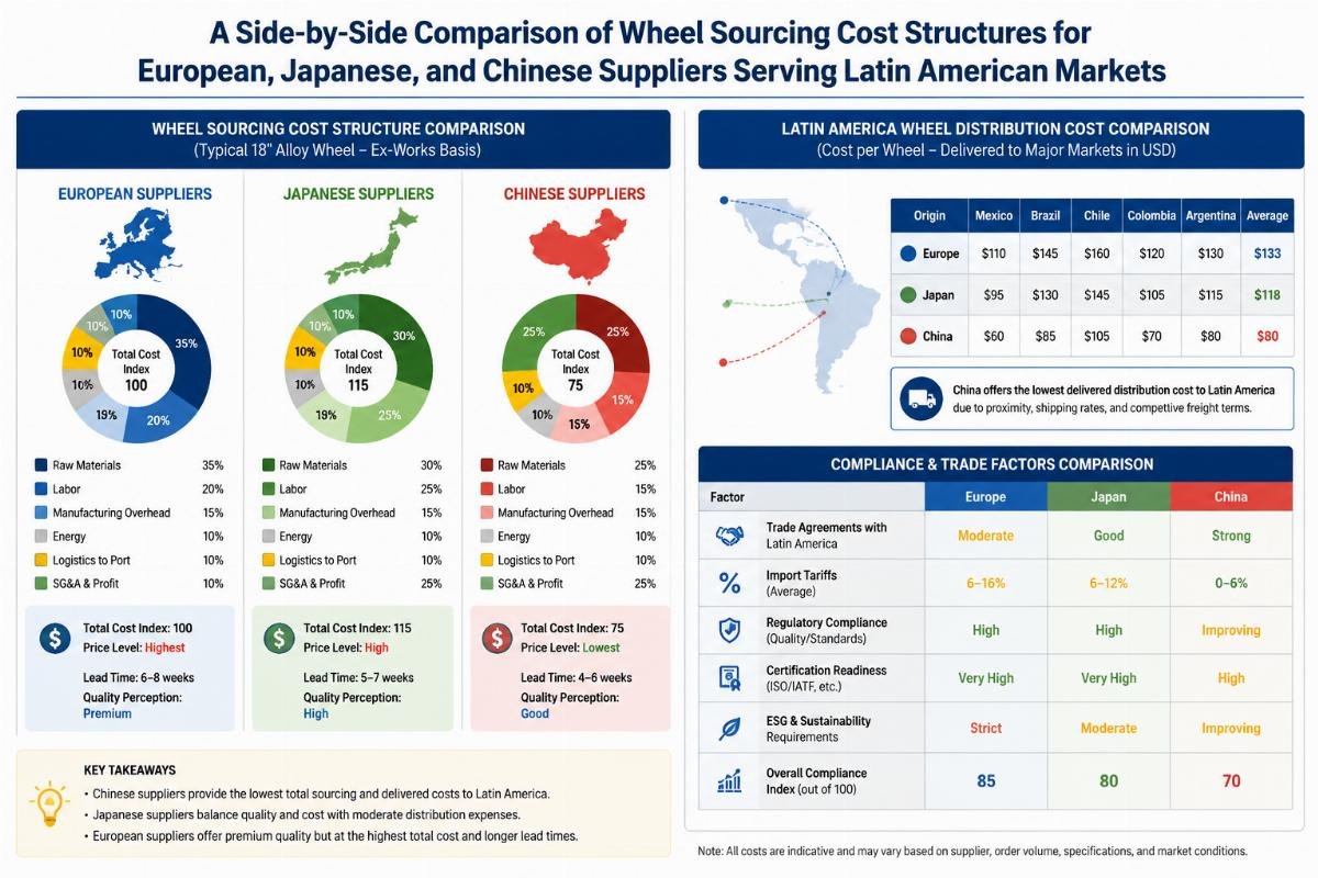 A side-by-side comparison of wheel sourcing cost structures for European, Japanese, and Chinese suppliers serving Latin American markets