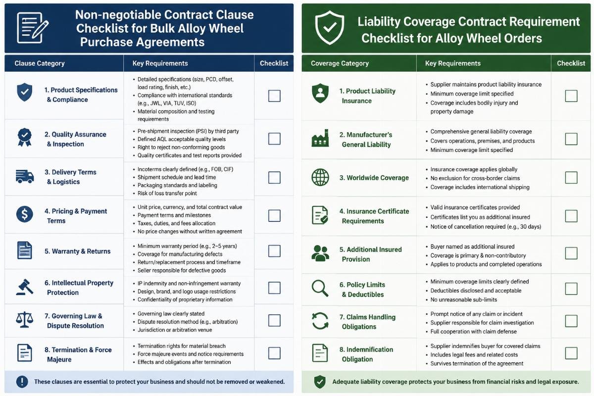 Liability coverage contract requirement checklist for alloy wheel orders Non-negotiable contract clause checklist for bulk alloy wheel purchase agreements
