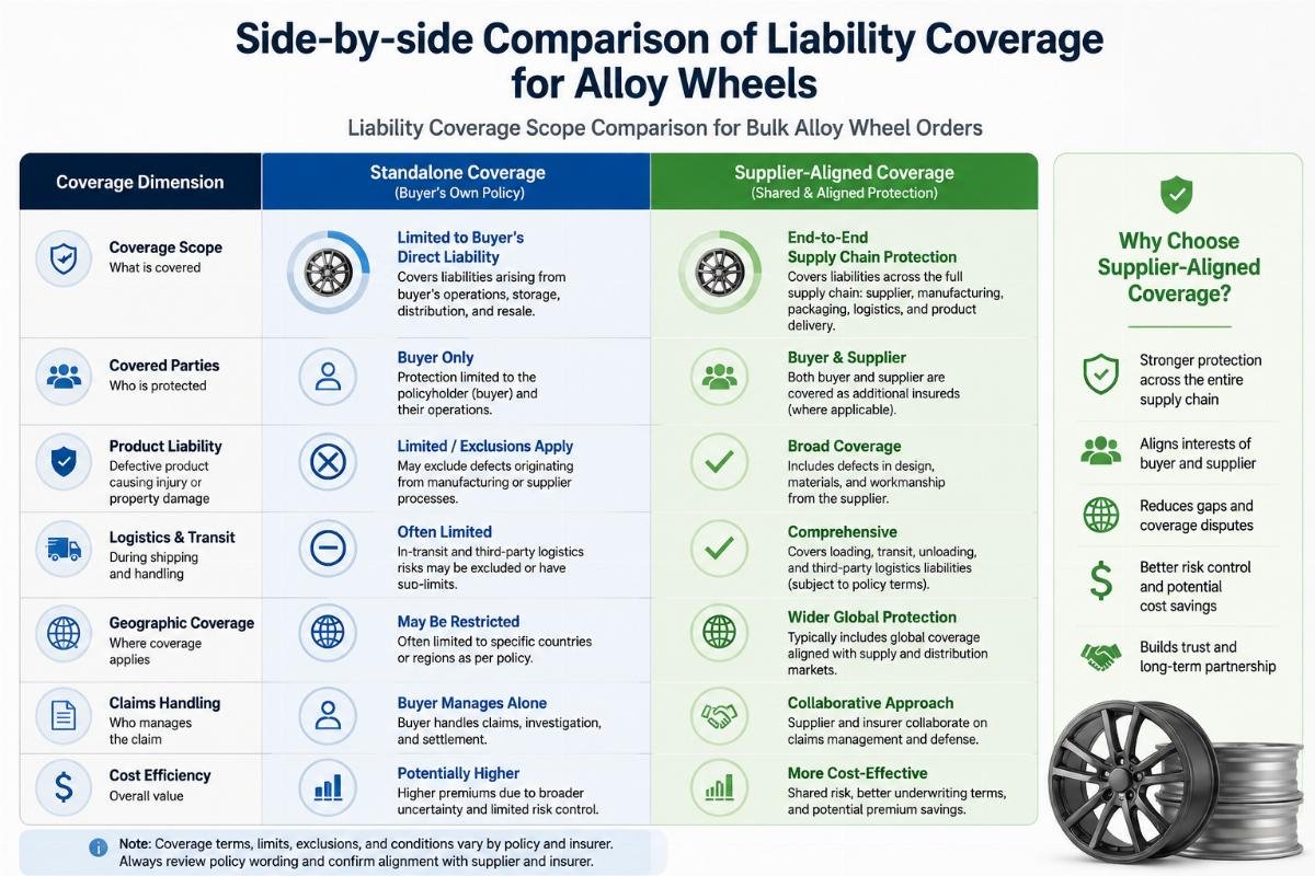 Liability coverage scope comparison for bulk alloy wheel orders Side-by-side comparison of standalone vs supplier-aligned liability coverage for alloy wheels