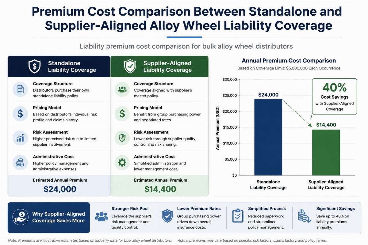 Liability premium cost comparison for bulk alloy wheel distributors Premium cost comparison between standalone and supplier-aligned alloy wheel liability coverage