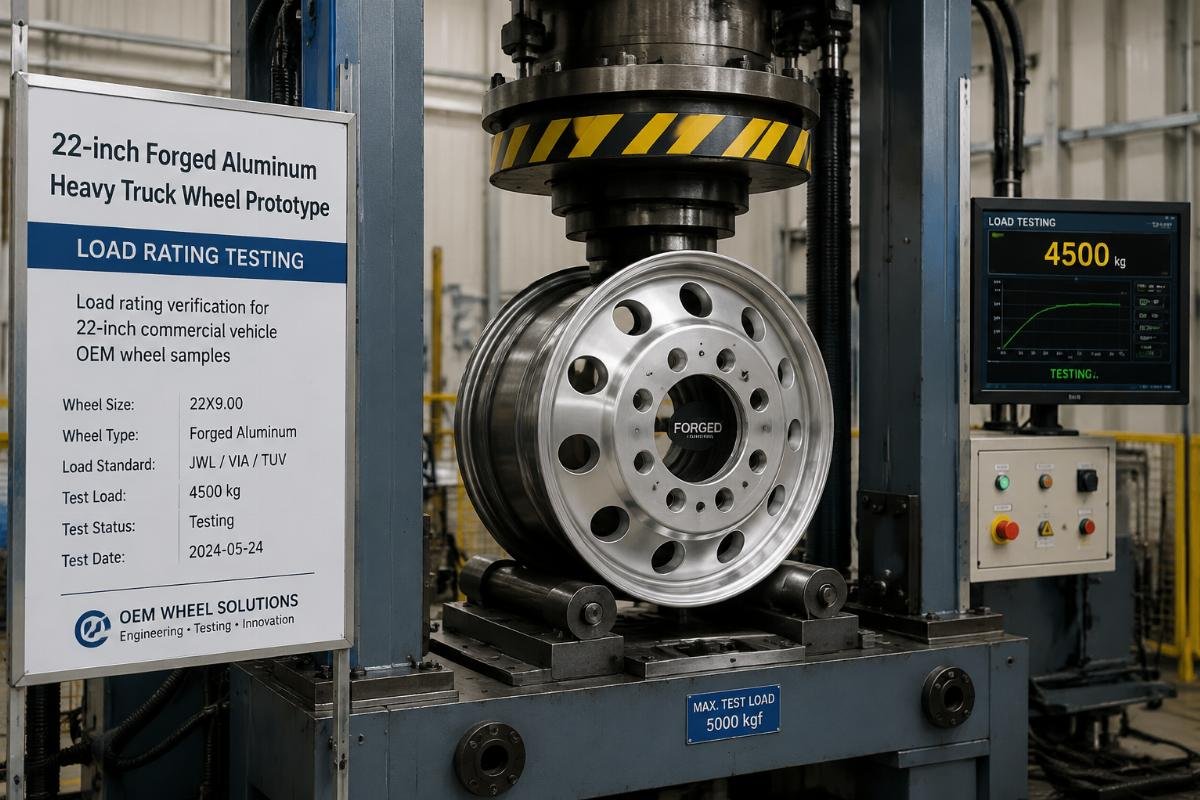 22-inch forged aluminum heavy truck wheel prototype undergoing load rating testing