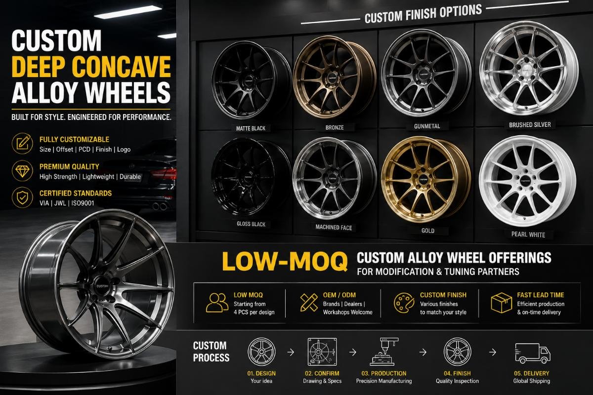 A modification shop display of custom deep concave alloy wheels in different finish options