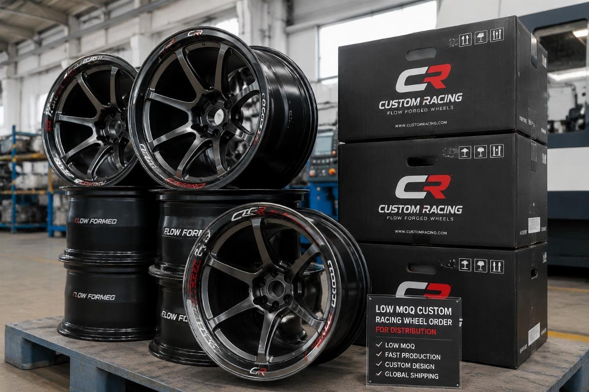 Stack of custom branded flow-formed racing wheels in a factory warehouse