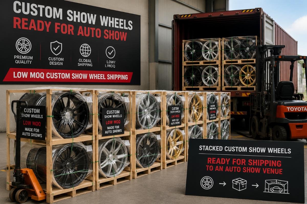Stacked custom show wheels ready for shipping to an auto show venue