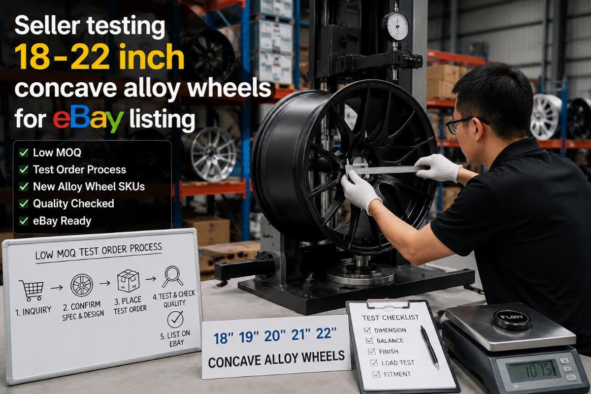 low MOQ test order process for new alloy wheel SKUs Seller testing 18-22 inch concave alloy wheels for eBay listing