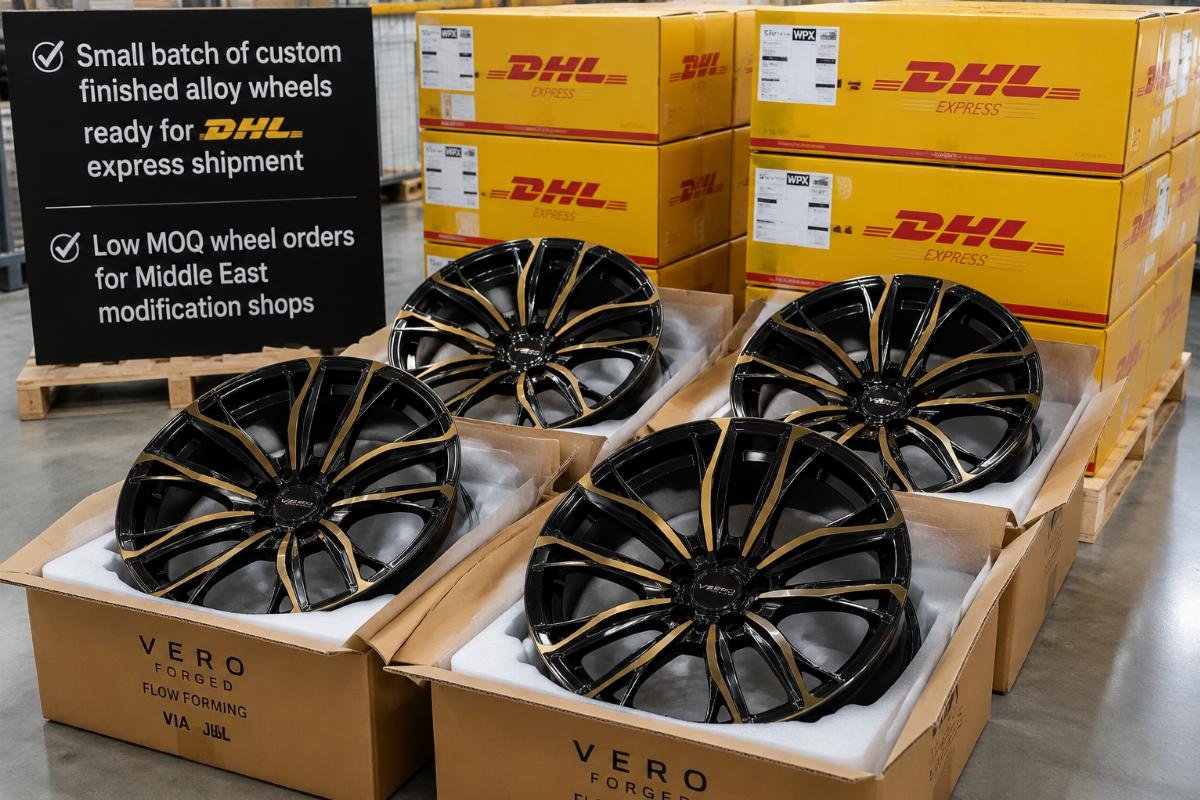 Low MOQ wheel orders for Middle East modification shops Small batch of custom finished alloy wheels ready for DHL express shipment