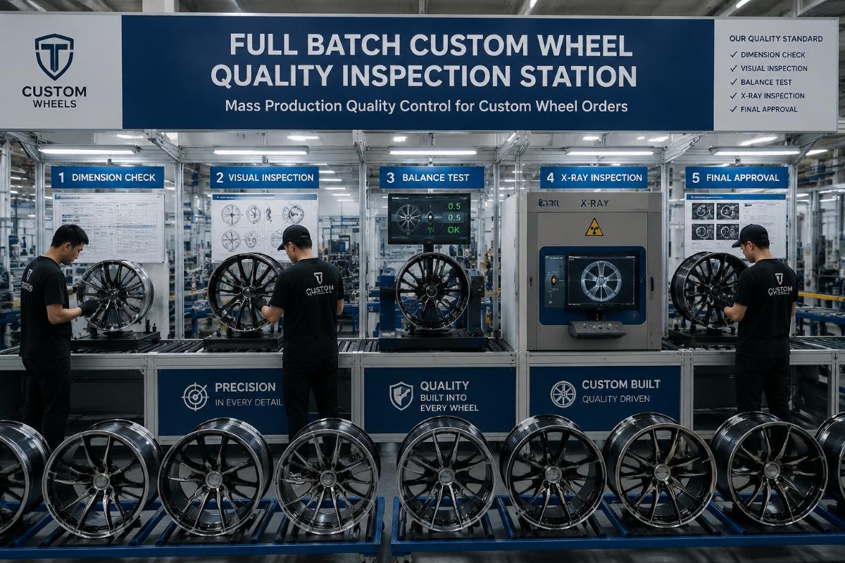 Full batch custom wheel quality inspection station on production floor