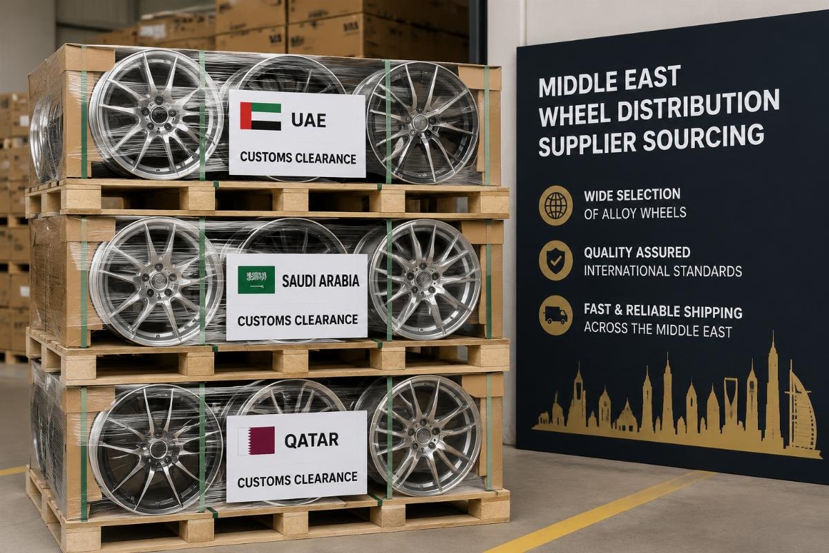 Three stacked pallets of alloy wheels labeled for UAE, Saudi Arabia and Qatar customs clearance