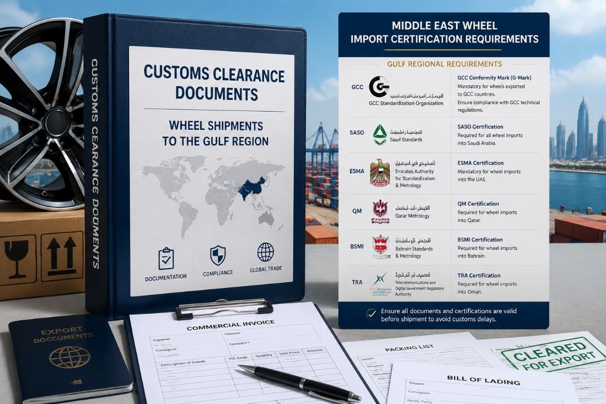 Middle East wheel import certification requirements Customs clearance document folder for wheel shipments to the Gulf region