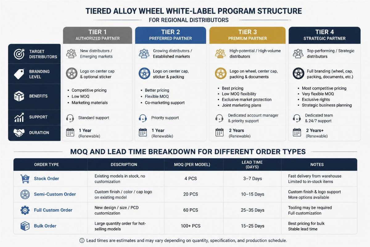 MOQ and lead time breakdown for different order types Tiered alloy wheel white-label program structure for regional distributors