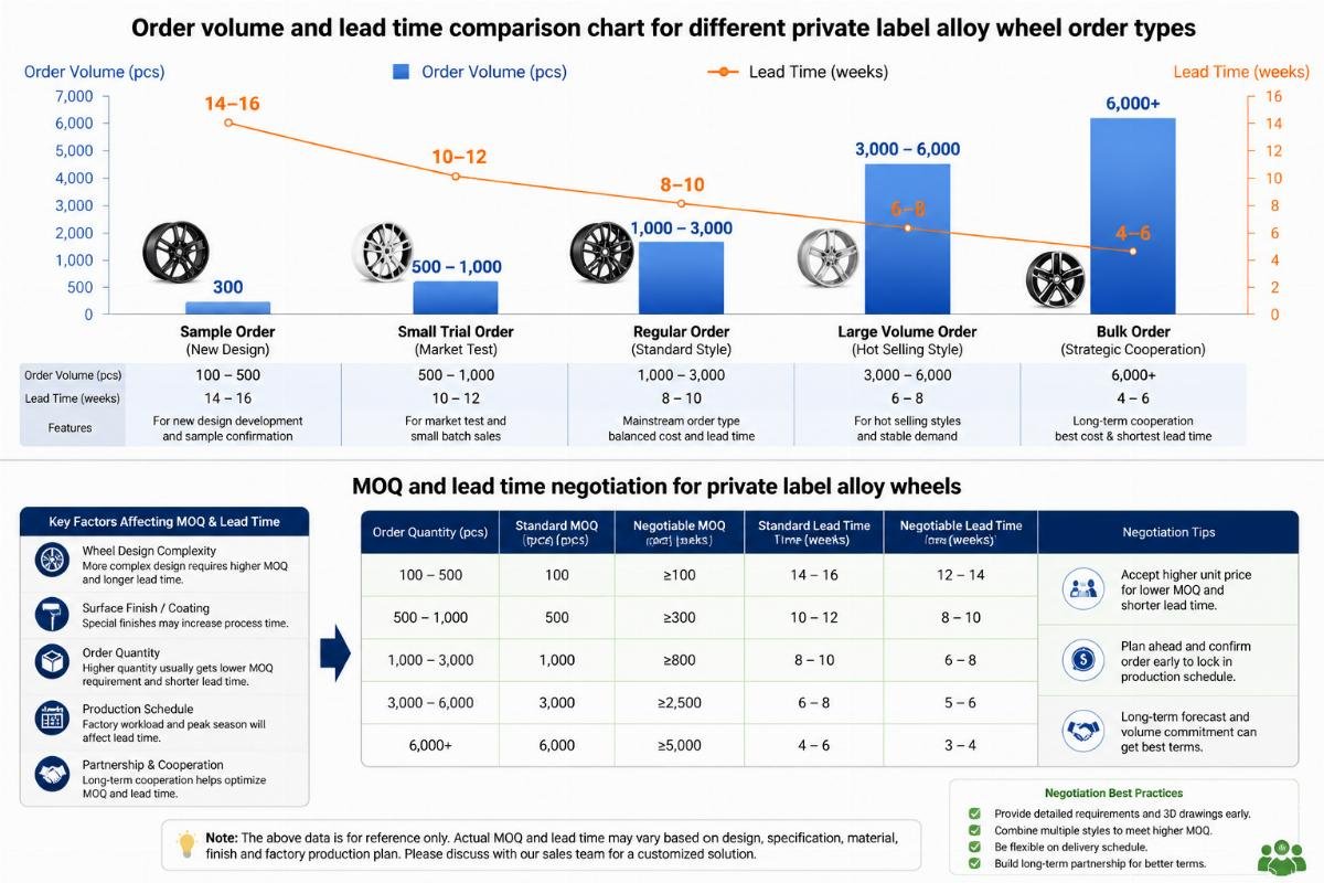 MOQ and lead time negotiation for private label alloy wheels Order volume and lead time comparison chart for different private label alloy wheel order types