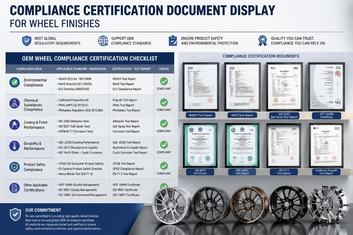OEM wheel compliance certification checklist Compliance certification document display for wheel finishes