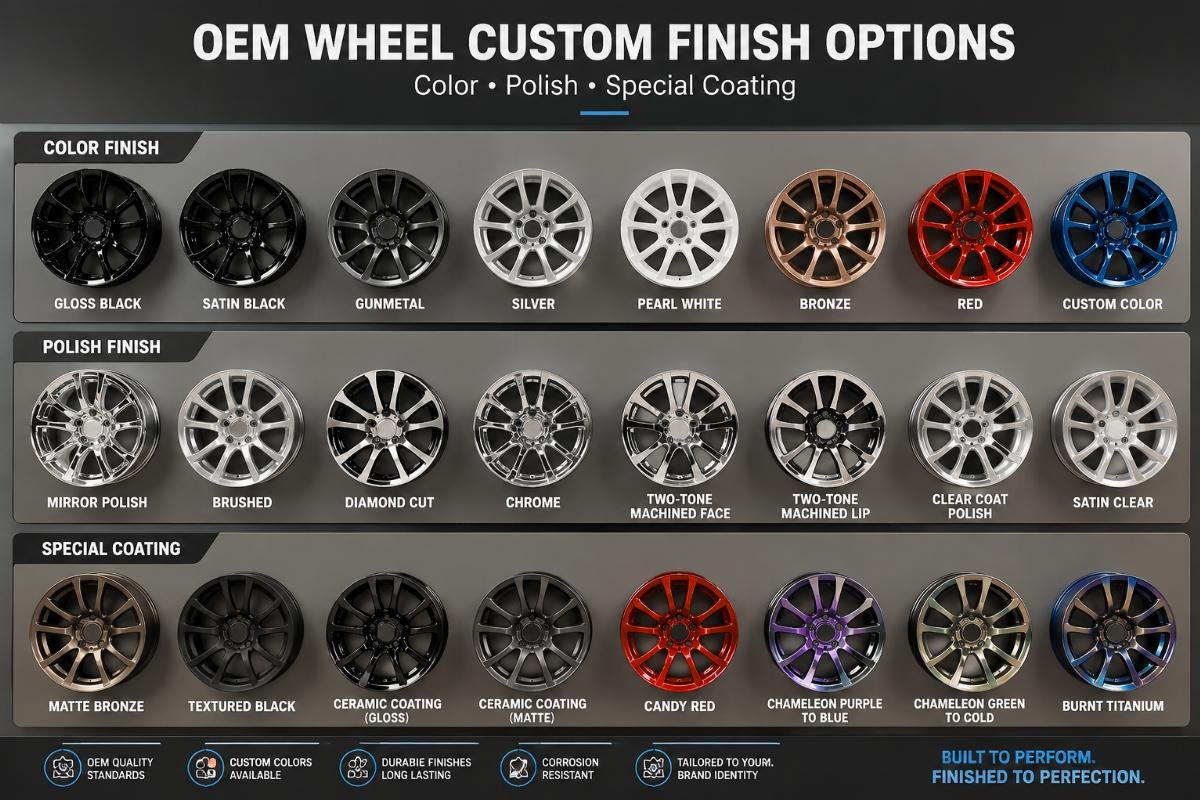 OEM wheel custom finish sample display showing color, polish and special coating variants