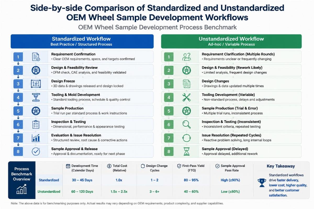 Side-by-side comparison of standardized and unstandardized OEM wheel sample development workflows