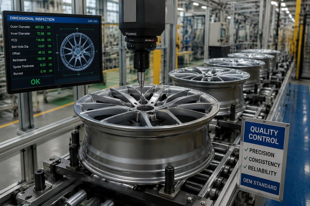 OEM wheel volume production quality control A production line of alloy OEM wheels being inspected for dimensional accuracy