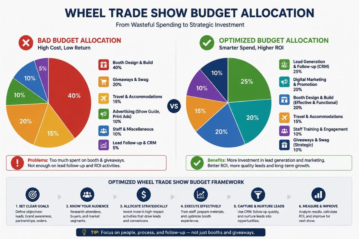 Wheel trade show budget allocation pie chart comparing bad vs optimized spending breakdown
