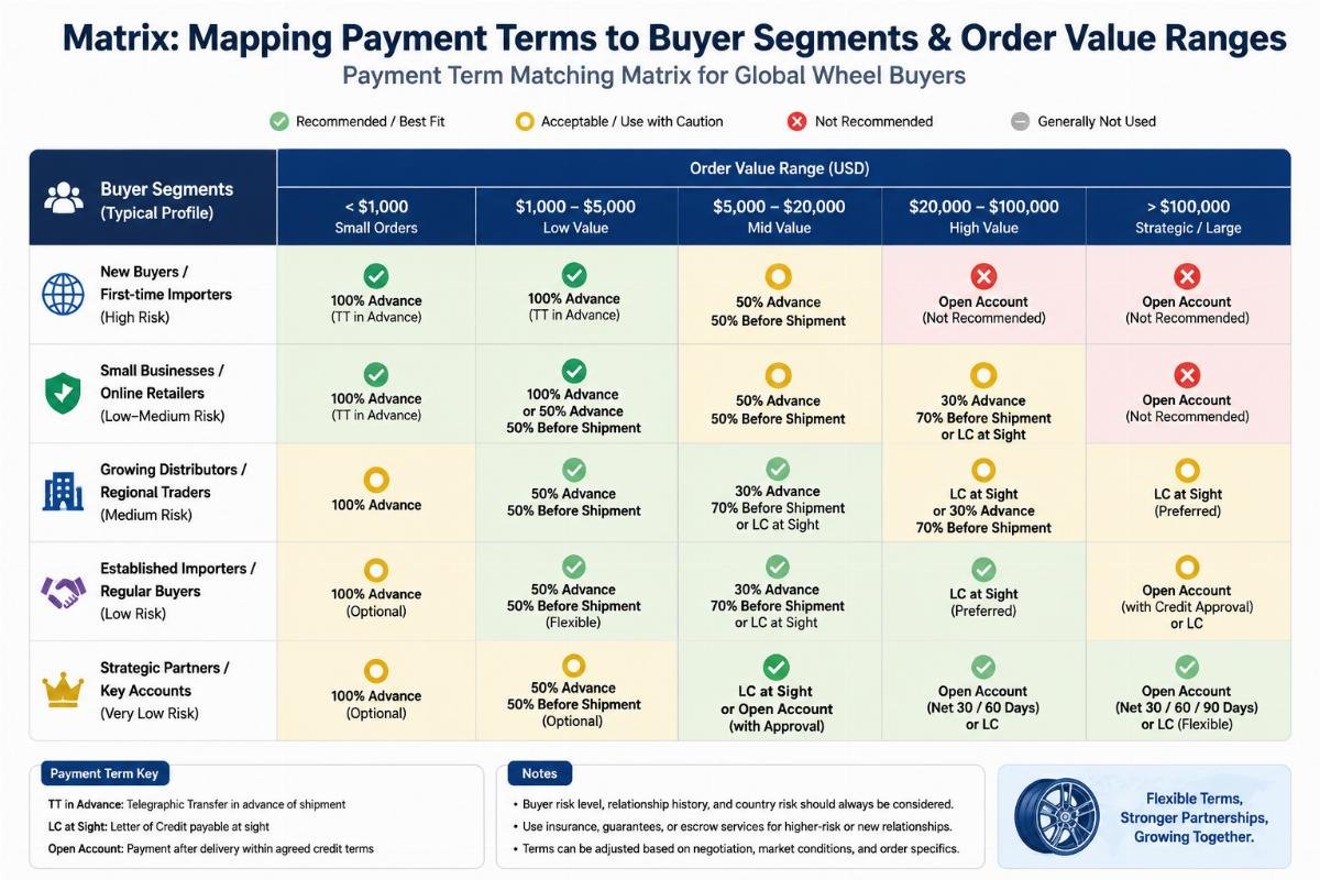 Payment term matching matrix for global wheel buyers Matrix mapping payment terms to buyer segments and order value ranges
