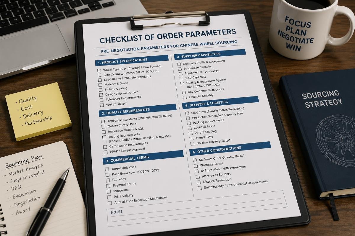 pre-negotiation parameters for Chinese wheel sourcing Checklist of order parameters laid out on a sourcing manager’s desk