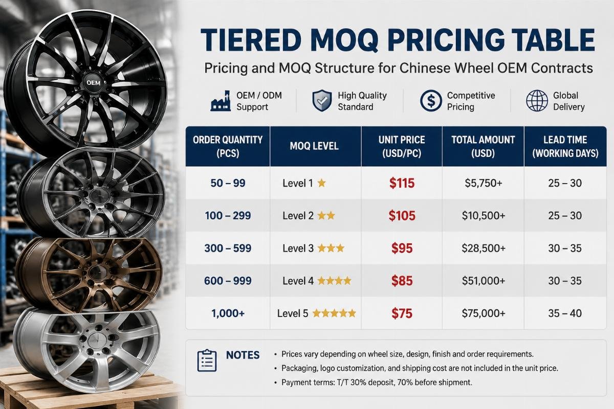 Pricing and MOQ structure for Chinese wheel OEM contracts Tiered MOQ pricing table next to stacked alloy wheel samples