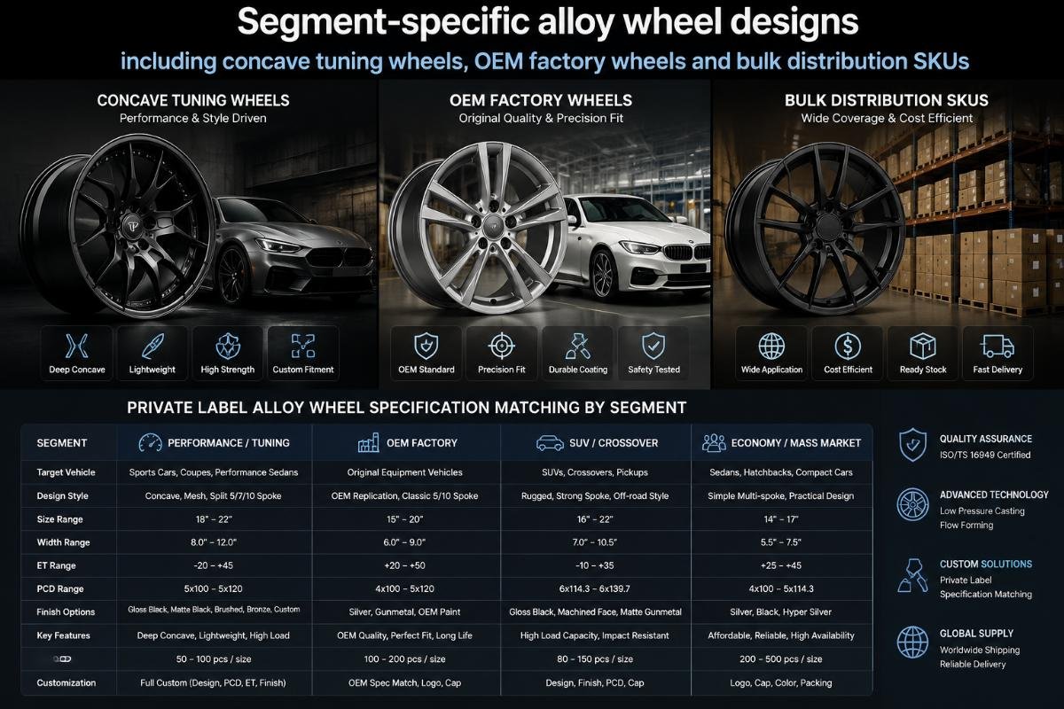 Segment-specific alloy wheel designs including concave tuning wheels, OEM factory wheels and bulk distribution SKUs