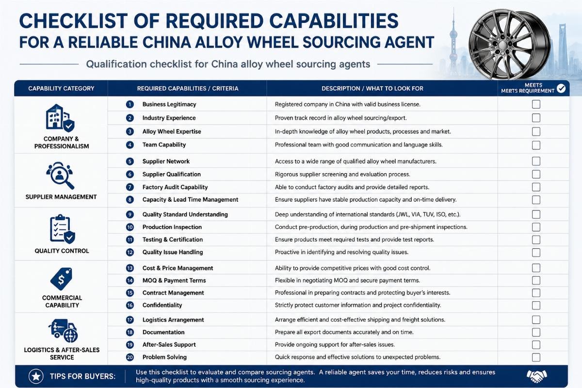 Qualification checklist for China alloy wheel sourcing agents Checklist of required capabilities for a reliable China alloy wheel sourcing agent
