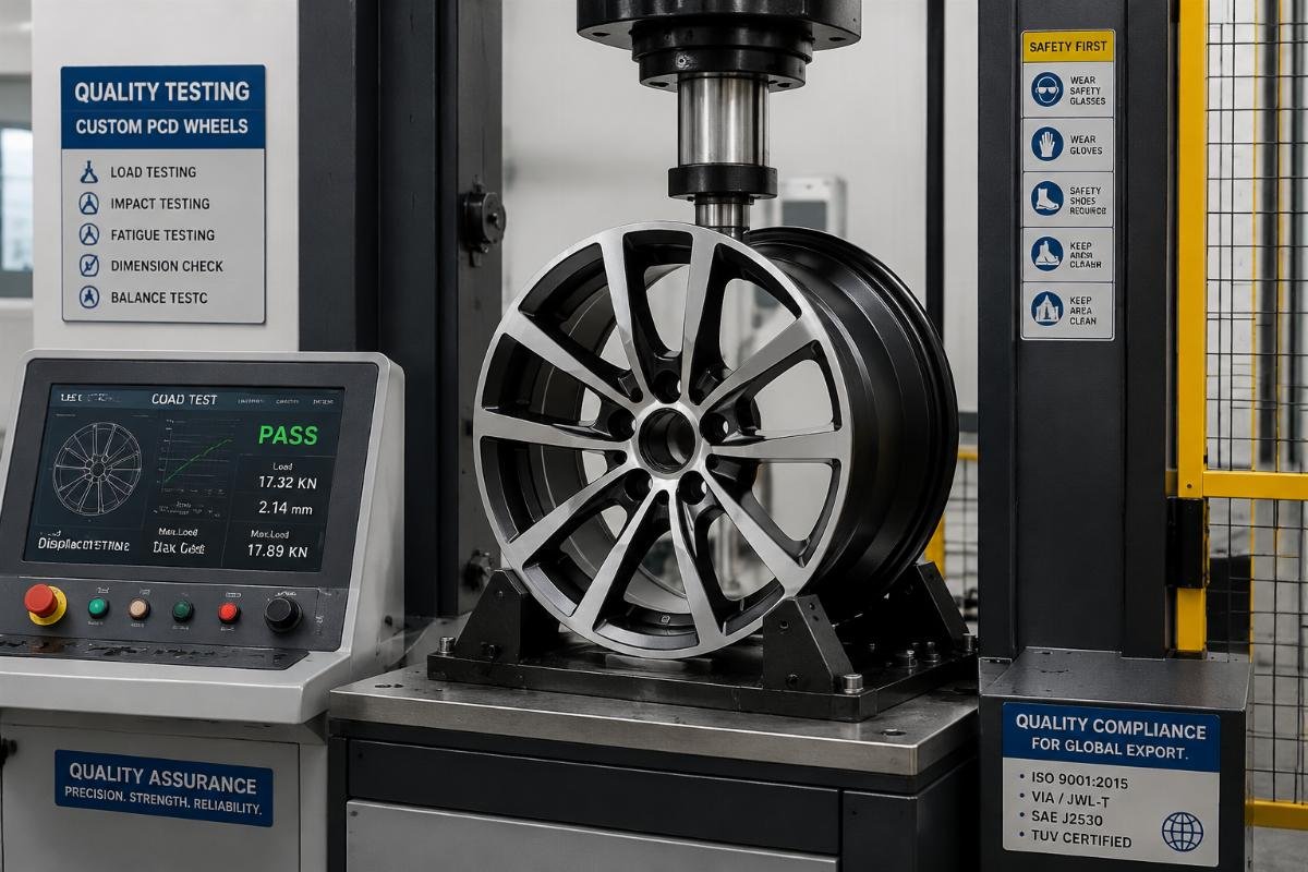 Custom PCD wheel quality testing station performing load and impact validation