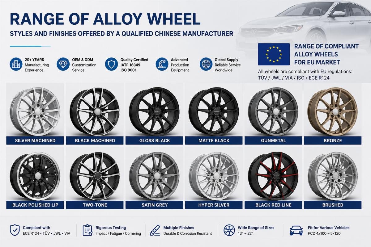 Range of alloy wheel styles and finishes offered by a qualified Chinese manufacturer