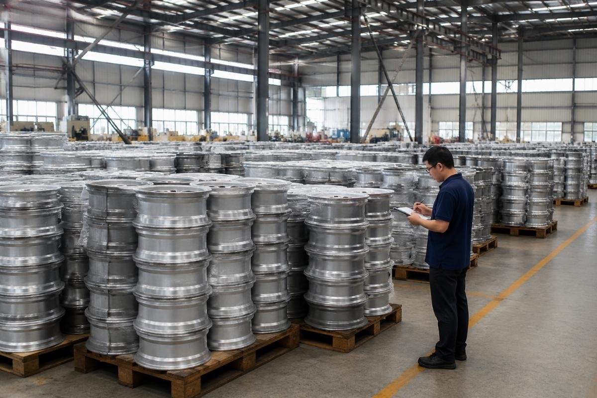 Raw material stock check for production capacity verification Raw material warehouse for aluminum wheel blanks at a manufacturing facility