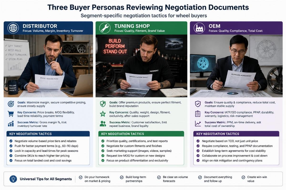 segment-specific negotiation tactics for wheel buyers Three separate buyer personas (distributor, tuning shop, OEM) reviewing negotiation documents
