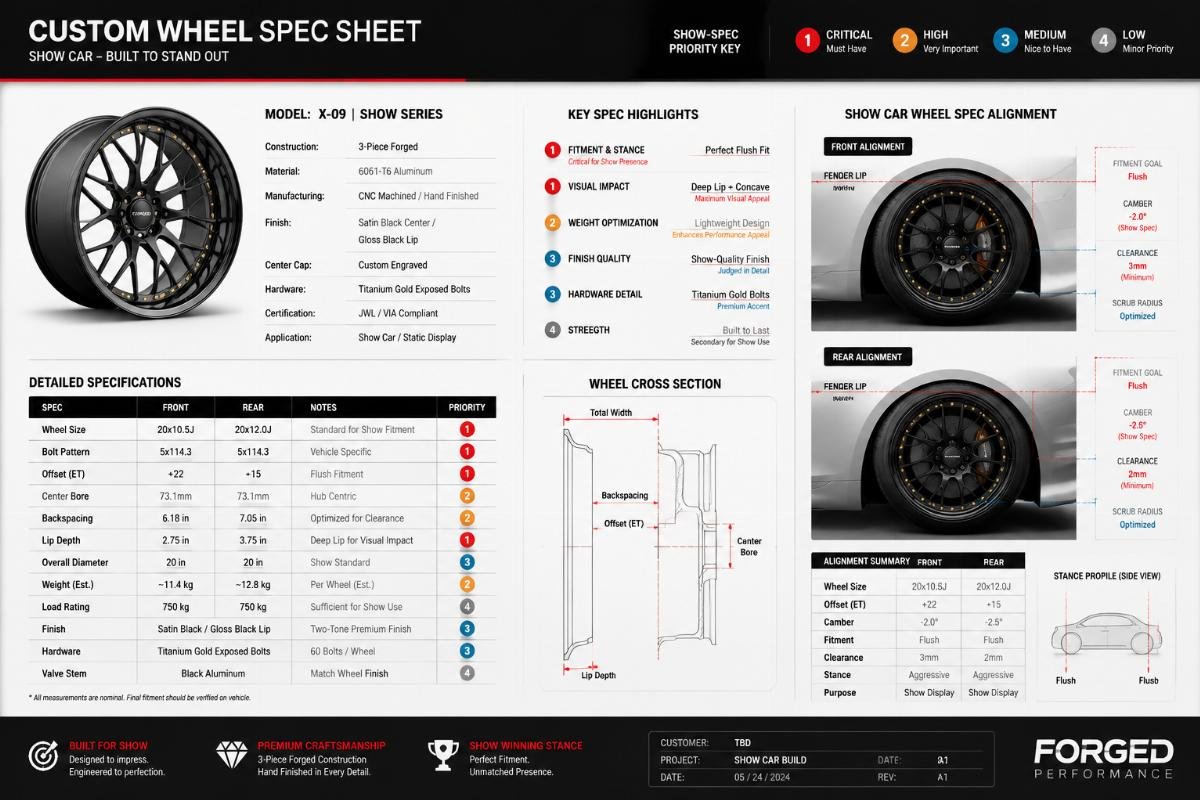 Custom wheel spec sheet annotated with show-specific priority markers