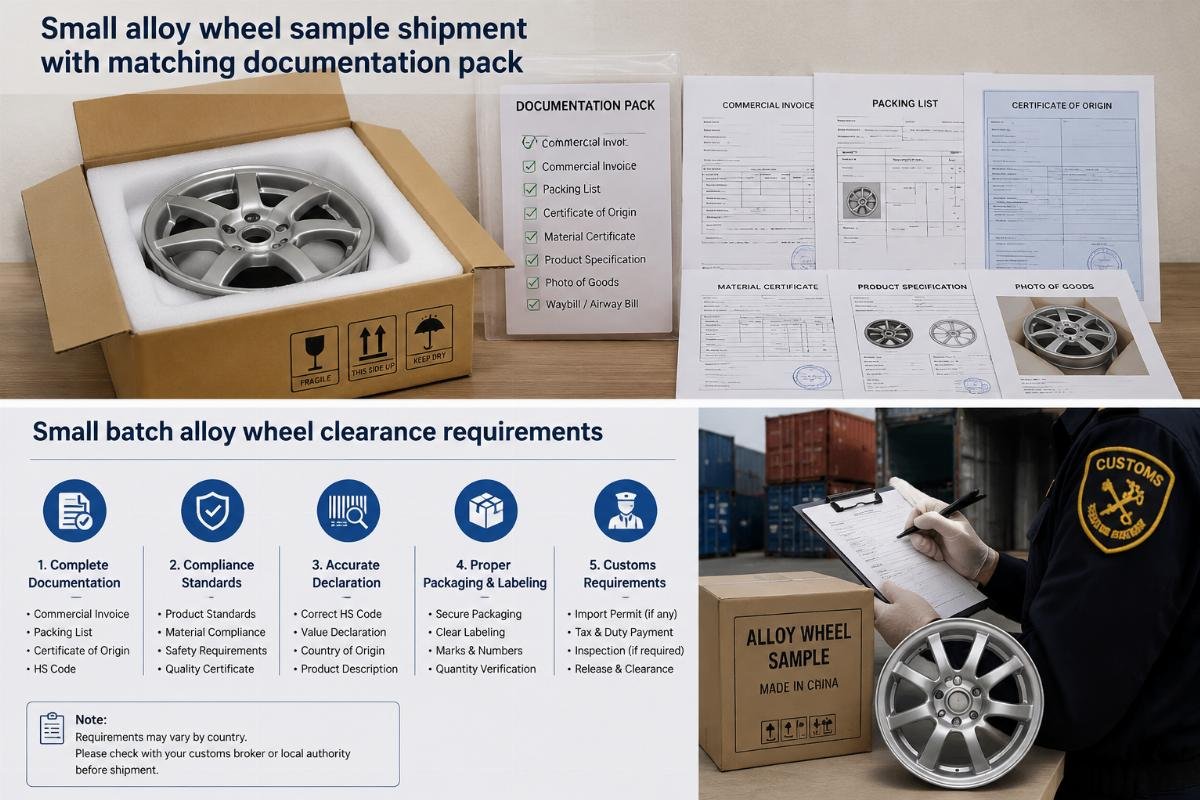 Small alloy wheel sample shipment with matching documentation pack